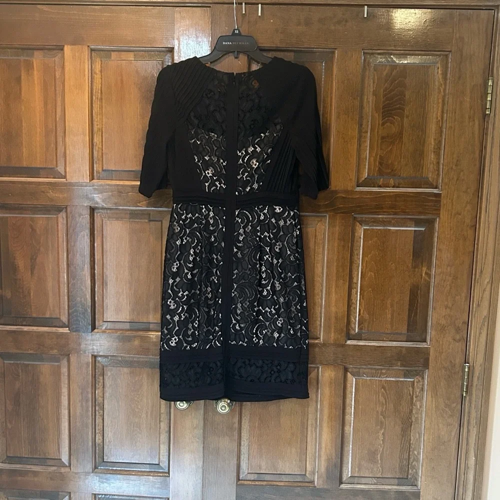 Adrianna Papell Black Lace Inset Banded Sheath Dress Size 8 Pleated Sleeve Party